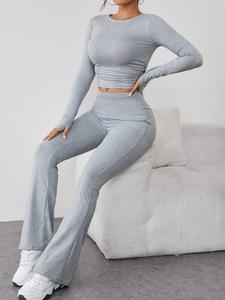 Two-Piece Set Women's Solid Color Ruched Crop Top & High Waist Flare Leg Pants Tracksuit Set, Sporty Casual Comfy Breathable Outfits for Yoga Gym Workout Running, Ladies Sportswear for All Seasons