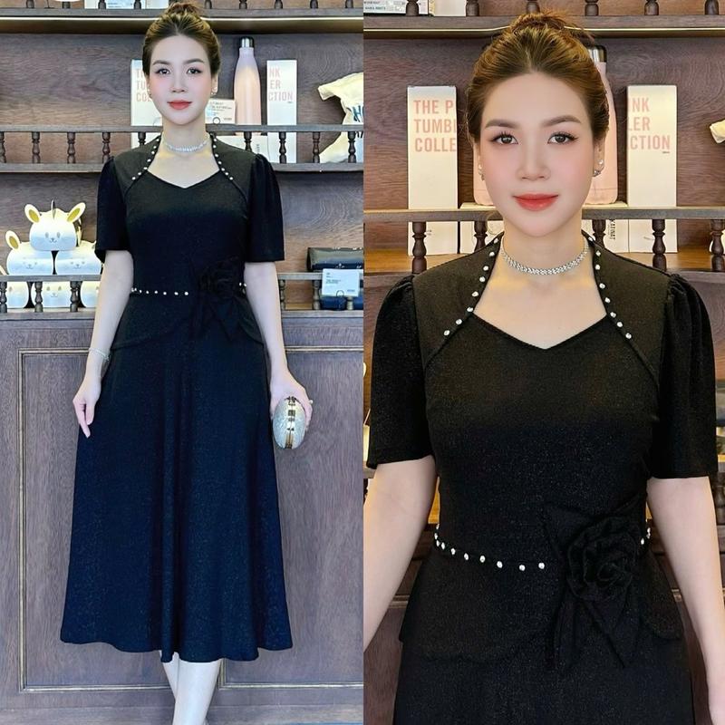 Đầm Đi Tiệc Mã VH732 Dáng Lững Cổ Nữ Hoàng Chất Nhũ Đính Ngọc Thủ Công Co Giãn có size từ 48kg đến 75kg cho Nữ - Women Dress Thun váy mặc xoè chân 3