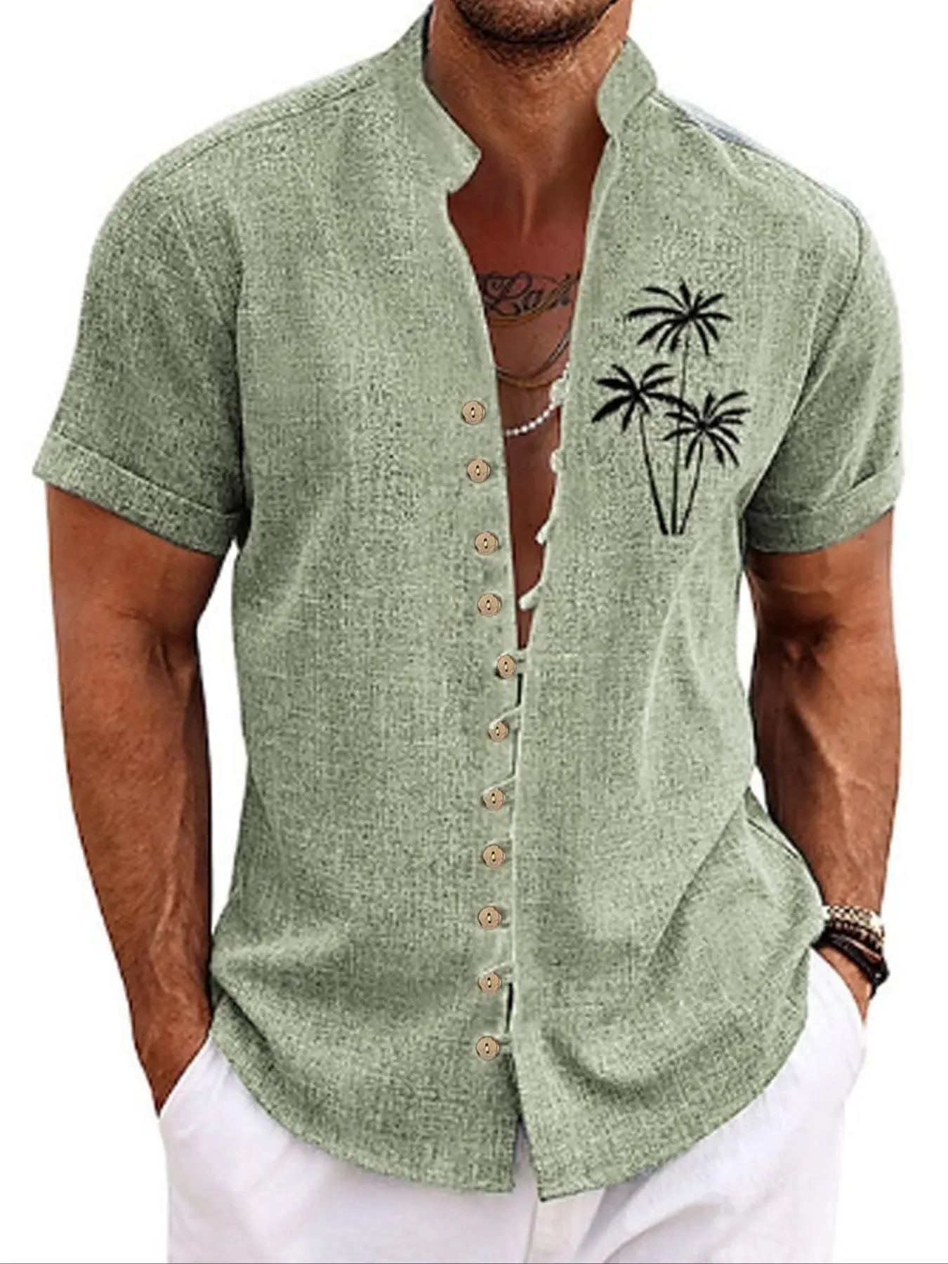 Men's Loose Coconut Tree Print Button Front Shirt, Casual Short Sleeve Mock Neck Top for Summer, Fashion Men's Clothes for Daily Wear