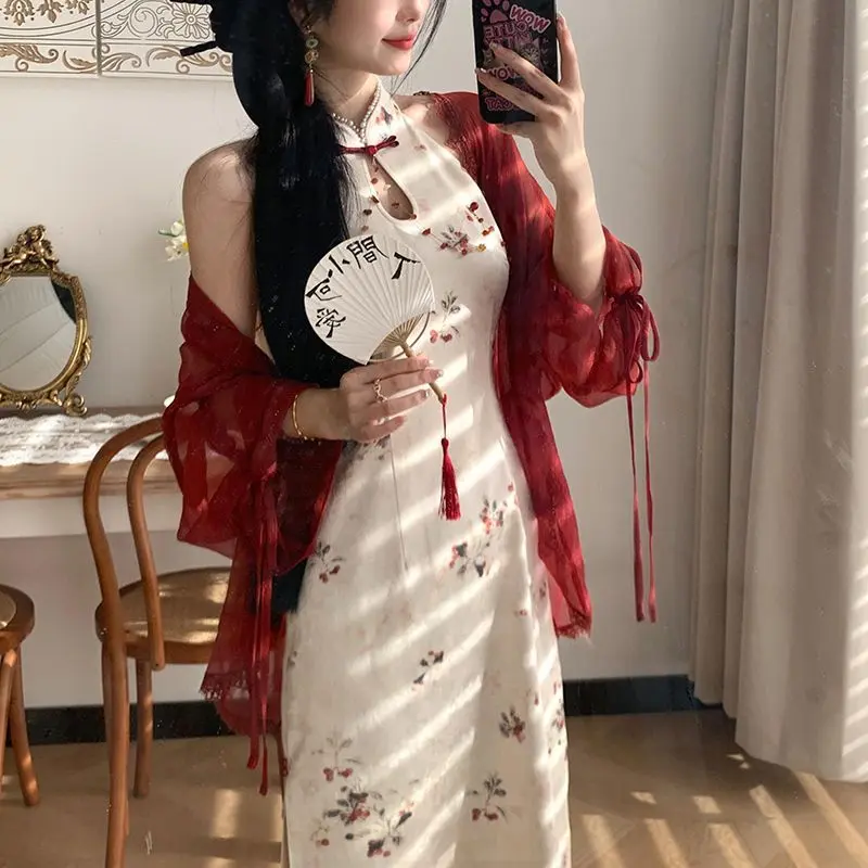 Váy Dây Phong Cách Trung Quốc Mới, Sườn Xám Cải Tiến Cổ Điển Cheongsam, Mùa Hè, Áo Cardigan Mỏng Kiểm Soát Eo Thanh Lịch, Bộ Chi Nhánh Mùa Xuân