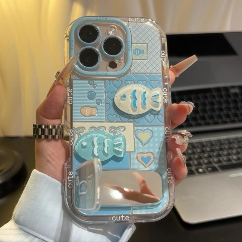 Ốp Điện Thoại Búp Bê Cá 3D, Dành Cho iPhone 17, 16, 15, 14, 13, 12, Pro Max, 16, 15, 14 Plus, XR, X, XS Max, Ốp Lưng Chống Sốc, Có Gương Nhỏ Giá Chân Đế Gập