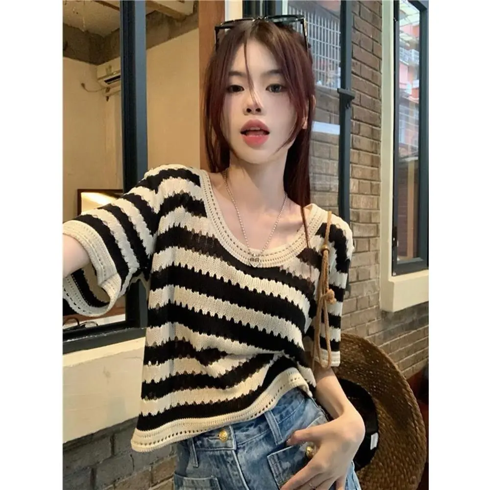 Striped Knitted Shirt Ice Silk Short Sleeve Women Tops Lingerie Lady Knitwear Womenswear Knitting