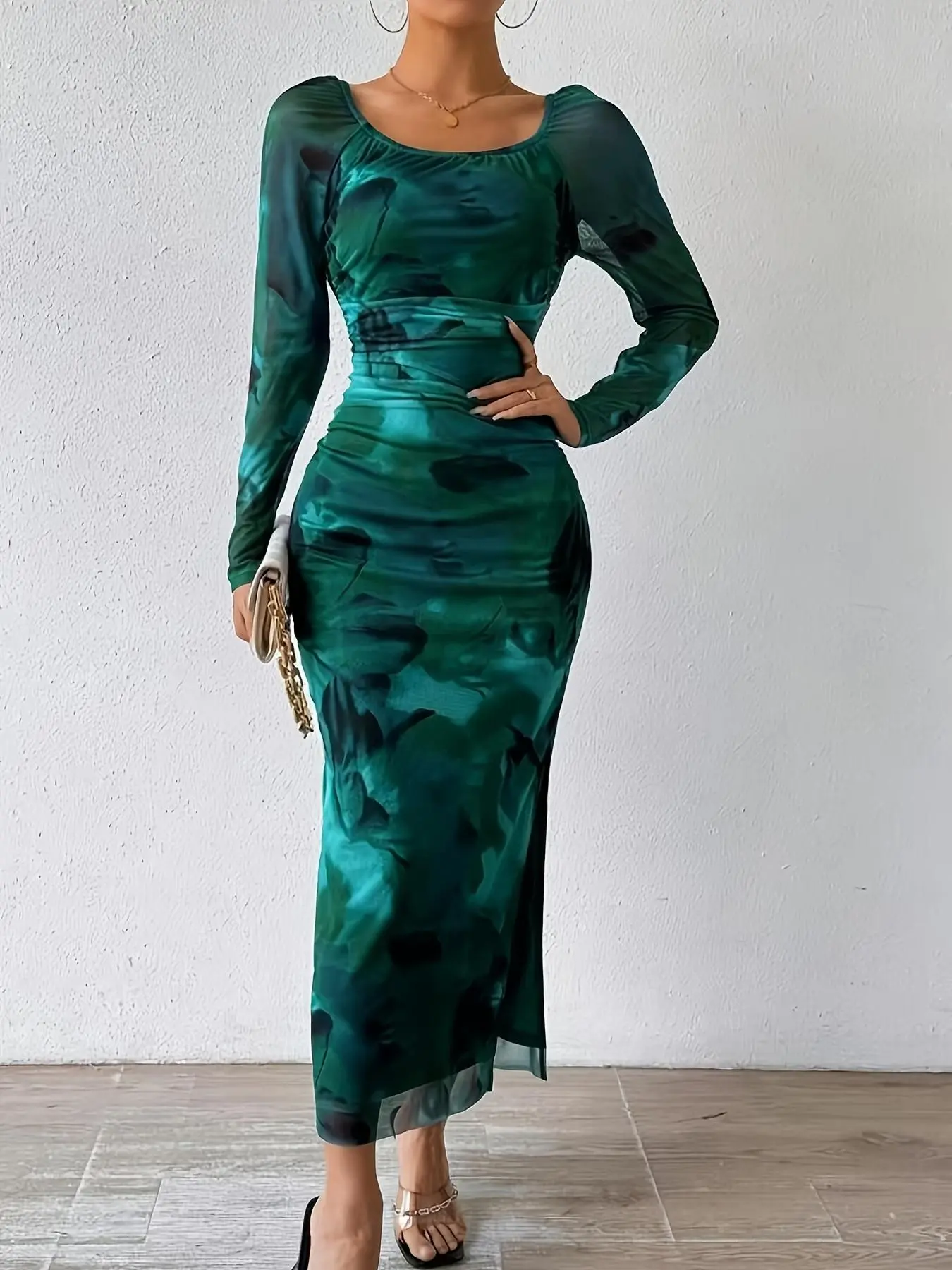 Women's All Over Print Long Sleeve   Dress, Elegant Fashion Casual  Split Hem Dress for Daily Outdoor Wear, Women Dress for Spring