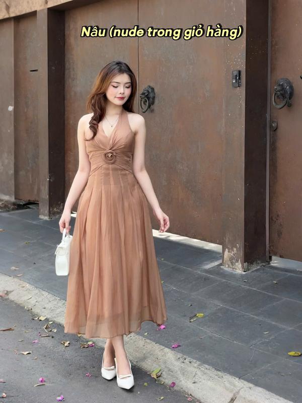 Váy tiểu thư dáng dài cổ yếm hoa eo váy xòe bồng , váy ba lỗ chiết eo sảng chảnh _ VIAS DRESS