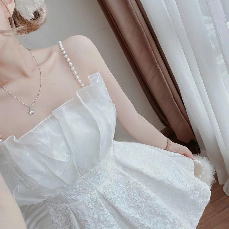 Product Introduction of [Mới] Đầm Gấm Xòe 2 Dây Phối Voan Tơ Thanh Lịch 8