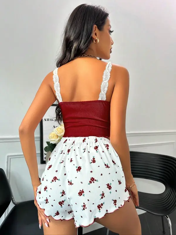 Women's Crop Tank Top & Floral Print Bow Front Shorts Pyjama Two-Piece Set, Casual Comfy Lace Trim Sleeveless Top & Shorts Set, Ladies Sleepwear for All Seasons, Loungewear 8