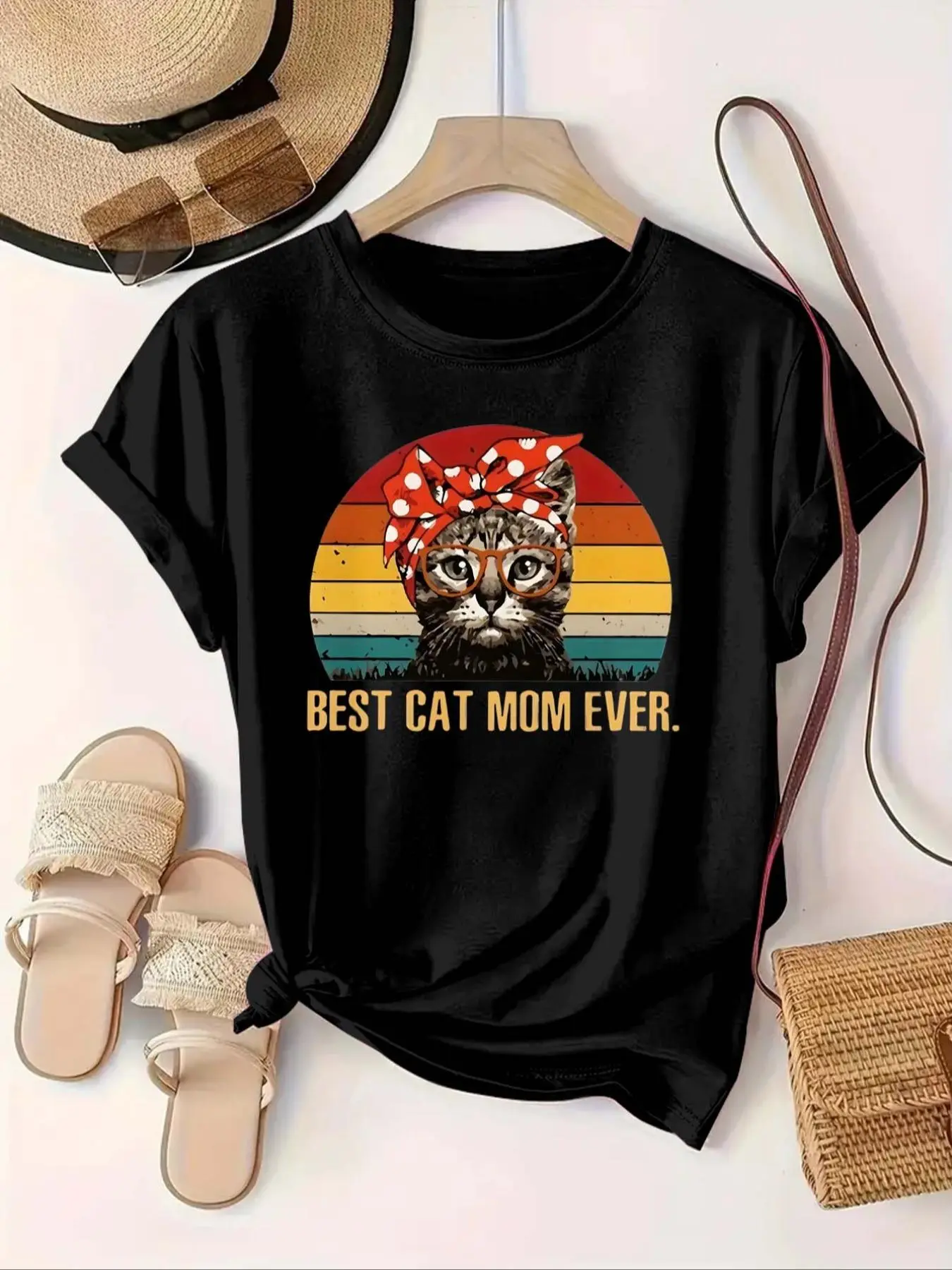 【Plus Size】 Cat & Letter Print Round Neck Tee, Casual Short Sleeve Crew Neck T-shirt for Daily Wear, Women Plus Clothing for All Seasons