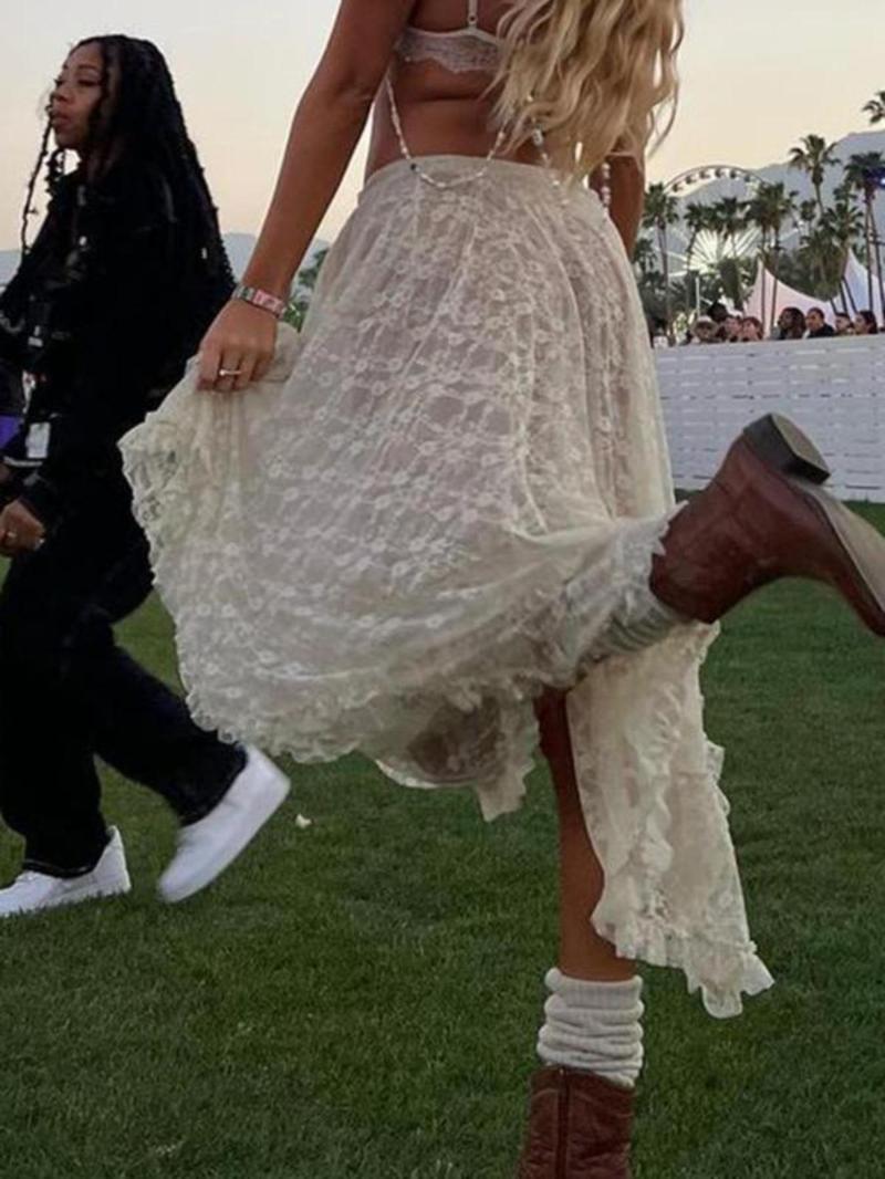 Product Introduction of Women's Floral Lace Asymmetrical Hem Skirt, Retro Frill Trim Elastic Waist Skirt for Party Holiday, Ladies Bottoms for All Seasons 5