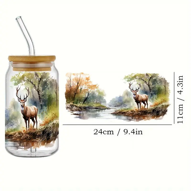 Uv Dtf Transfer Elk in Forest Design Sticker, 5 Counts Deer Pattern Sticker, Self Adhesive Waterproof Sticker, DIY Warp Sticker for 16oz Glass Cups 5