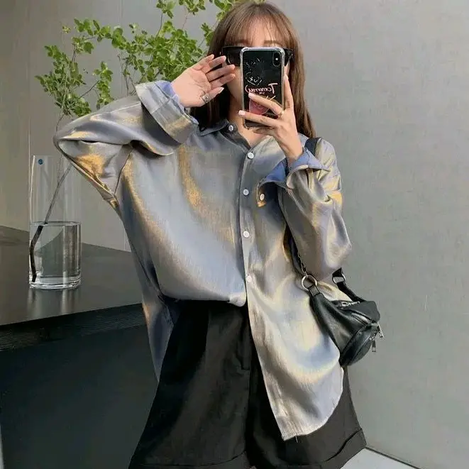 SHIMMER SHIRT /SHIMMER TOP premium Korean Model terbaru vintage colorfull tebal silky  oversize  atasan  wanita  baju  panjang Kancing Cantik Crop Remaja kemeja bona 4