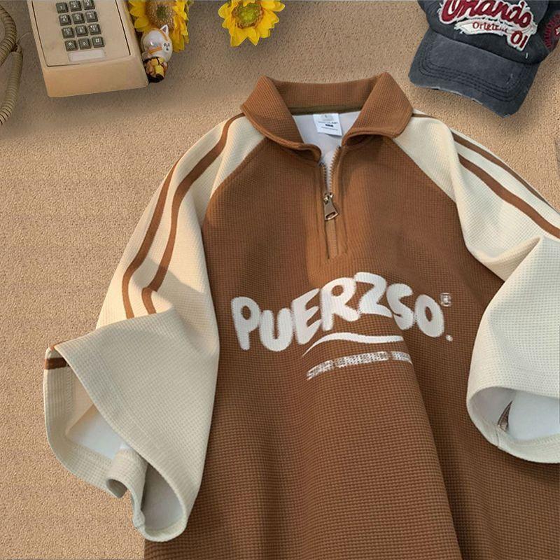  Áo Polo Ngoại Cỡ  150,00kg  Thiết Kế Bánh Quế Màu Tương Phản Chắp Vá Dây Kéo Và Ve Áo ngắn Tay Dành Cho Nam Và Nữ Thích Hợp Cho Tình Nhân Phong Cách Hoang Dã Thích Hợp Cho Mùa Hè Quần Áo Nam Sinh Viên 