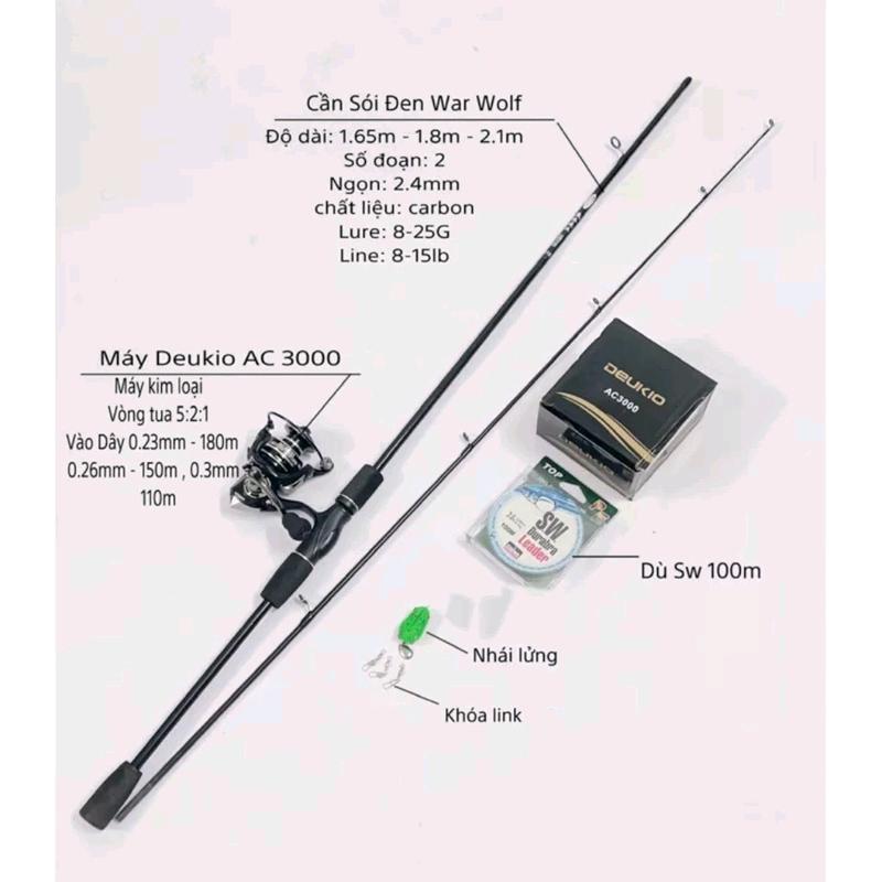  Combo Bộ Cần Câu SÓI ĐEN - kèm máy AC 2000 Và Cước - Nhái Râu - DÙ  -Khoá link Fishing 