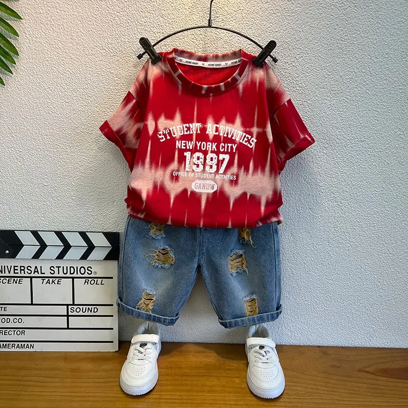 [4033 People Collected] Boys' Summer Outfit 2025 New Children's Stylish Clothes Summer Trendy Tie-Dye Baby Short Sleeve Boys
