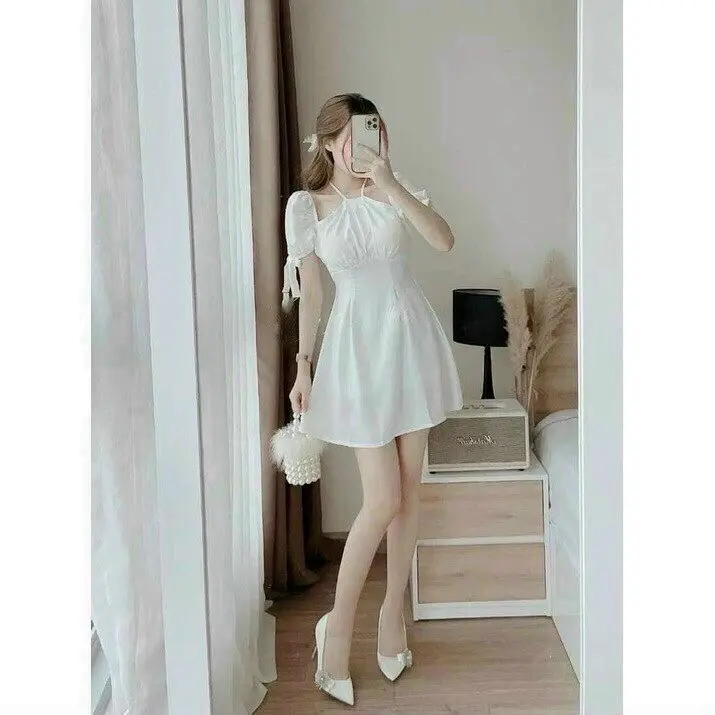 Đầm nữ ôm body tay buộc nơ trễ vai có mút ngực dáng xinh Thời Trang B.Y Tea Clothing Kem Women 1