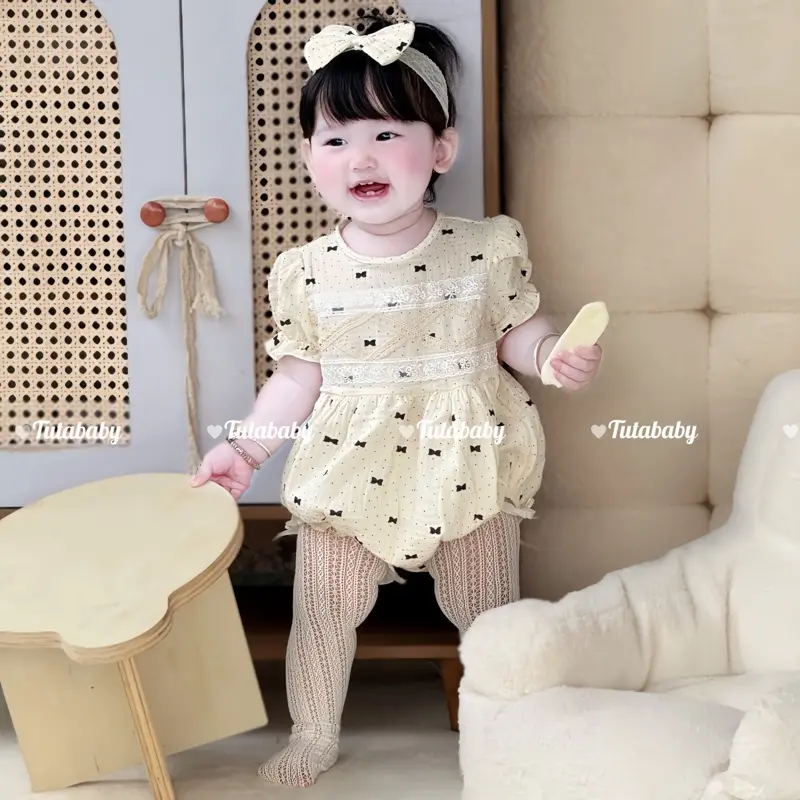 Bodysuit Bé Gái Chất Xô Muslin Thiết Chấm Bi Nơ Đen, Kèm Turban Nơ Xinh Xắn, Dành Cho Bé 3kg Đến 11kg 7