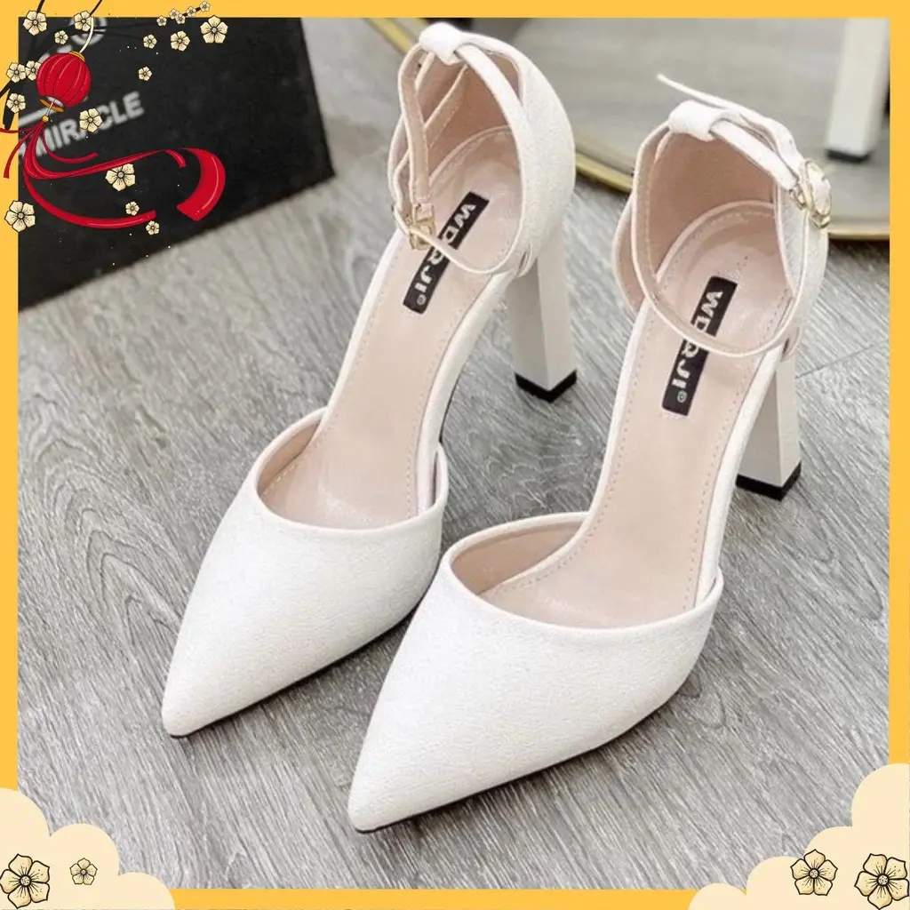 ày Sandal Cao Gót Nữ SIZE 35-43 CGC72 Đế Vuông 7P hai màu đen, kem sang trọng quý phái DéP Shoes GiàY Hoa