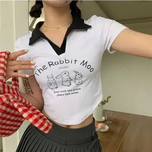 Kaos Vneck Crop Kerah Wanita The Rabbit (LD 88, P 52)