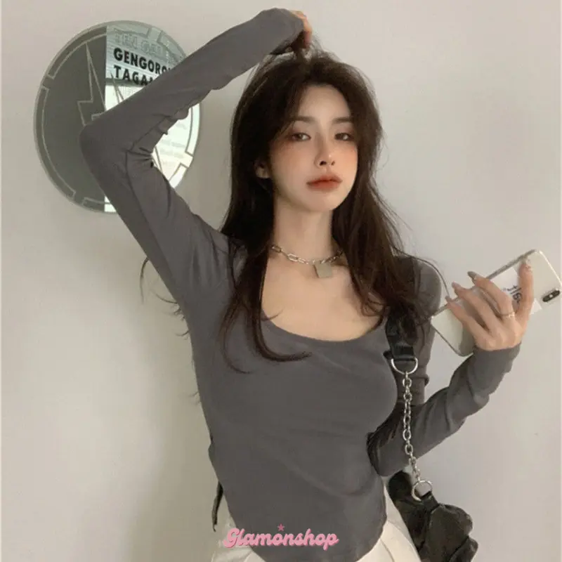 Glamonshop BJ256 Baju Wanita Fasion Lengan Panjang Kaos Polos Korea Spandek Long Sleeve Atasan Lembut Oversize Spandex Hitam Oblong Basic Manset Tangan Dalaman 7