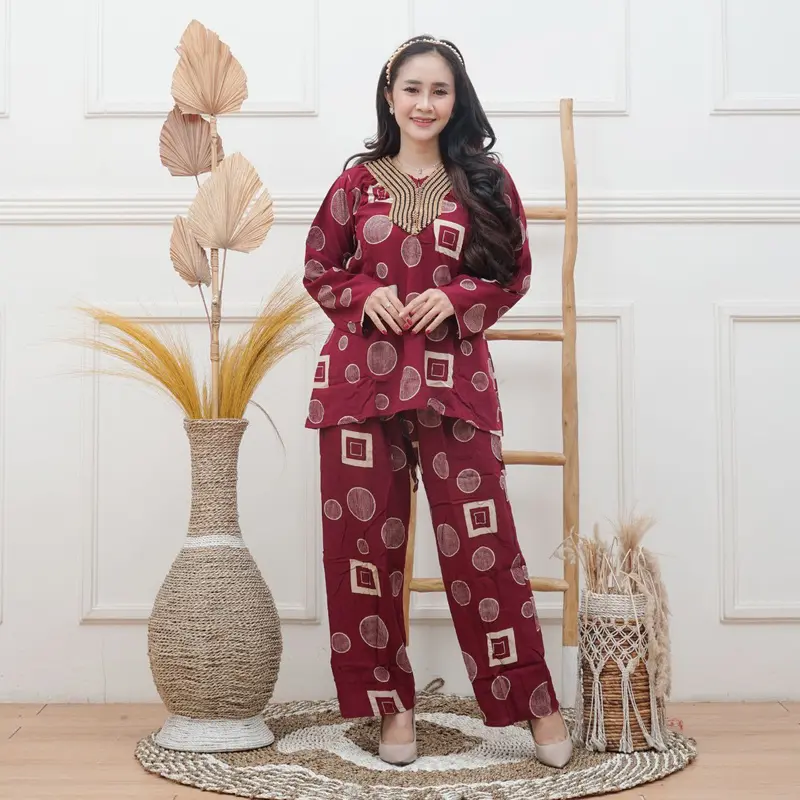 Setelan Baju Celana Wanita Dewasa Lengan Panjang Kombinasi Renda Terbaru Bahan Rayon Motif Kekinian  Viral terbaru2024 0