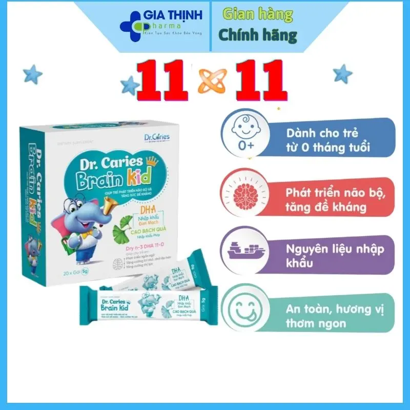 Côm Hỗ trợ tập trung, Ghi Nhớ, Bảo vệ thị lực DR.Caries Brain Kid, Hộp 20 gói