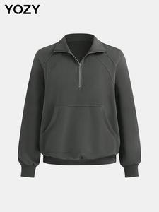 YOZY Women's Plain Pocket Zipper Raglan Sleeve Sweatshirt, Casual Long Sleeve Collared Pullover for Spring & Fall, Ladies Clothes for Daily Wear