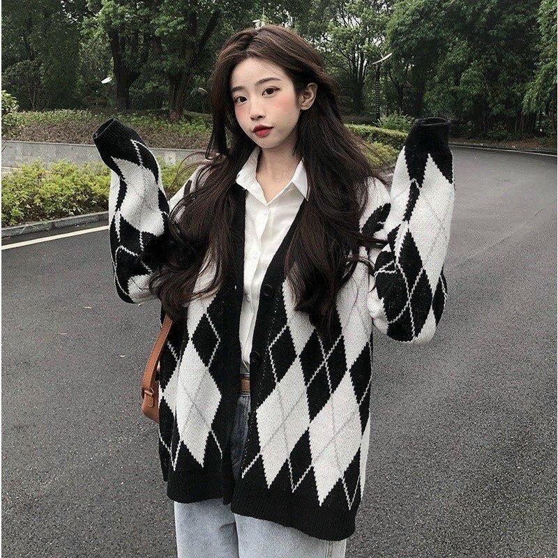 Áo Khoác Cardigan Len Kẻ Caro Kim Cương