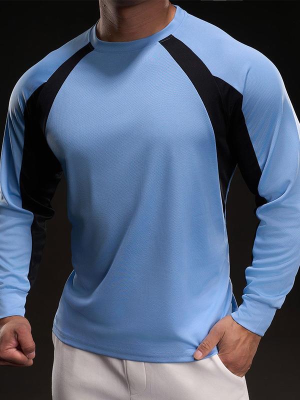 Men's Colorblock Long Sleeve Ice Silk Tee, Regular Fit Casual Round Neck Quick Drying T-shirt for Daily Wear, Men's Top for All Seasons 5