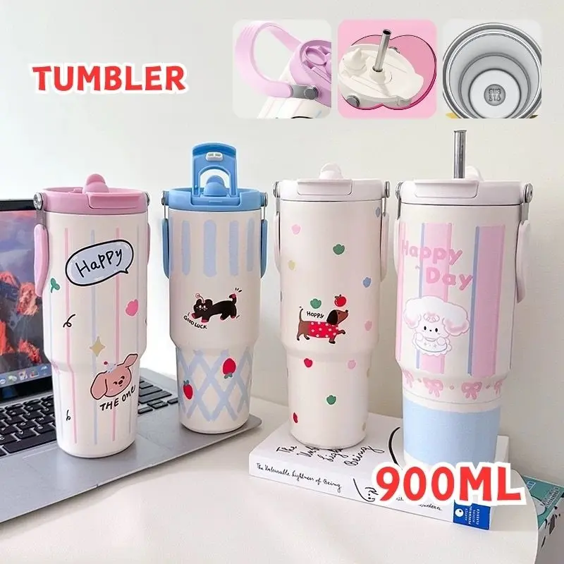 Tumbler 900ML Premium Quality Dengan Straw BPA FREE Vacuum Insulation Tahan Panas Dingin Botol Minum 900ml Aesthetic Gradien Domba Grafiti Anak Kucing Hitam Kelinci Merah Muda
