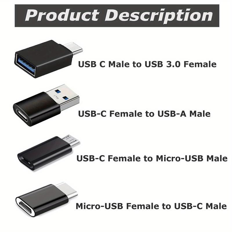 Product Introduction of 4pcs USB to USB C Adapter, USB C to USB 3.0 OTG, Micro USB to USB C - Compatible with For MacBook Pro, For SamSung For Galaxy, Smartphones, Laptops, In-Car Use & More 1