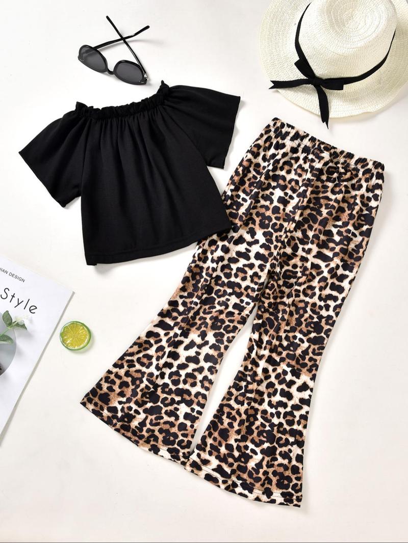 Product Introduction of Toddler Girl's Solid Fake Buttons Top & Leopard Print Flare Leg Pants Two-piece Set, Casual Fashion Cozy Two Piece Outfits for Daily Outdoor Wear, Toddler Girls Clothing for Summer 2