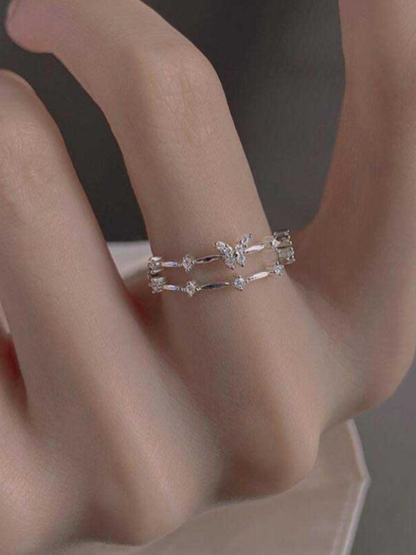 Women's Double-layered Artificial Zircon & Butterfly Design Adjustable Ring Without Box, Elegant Fashion Accessories for Women & Girls Party Wedding Gift 3