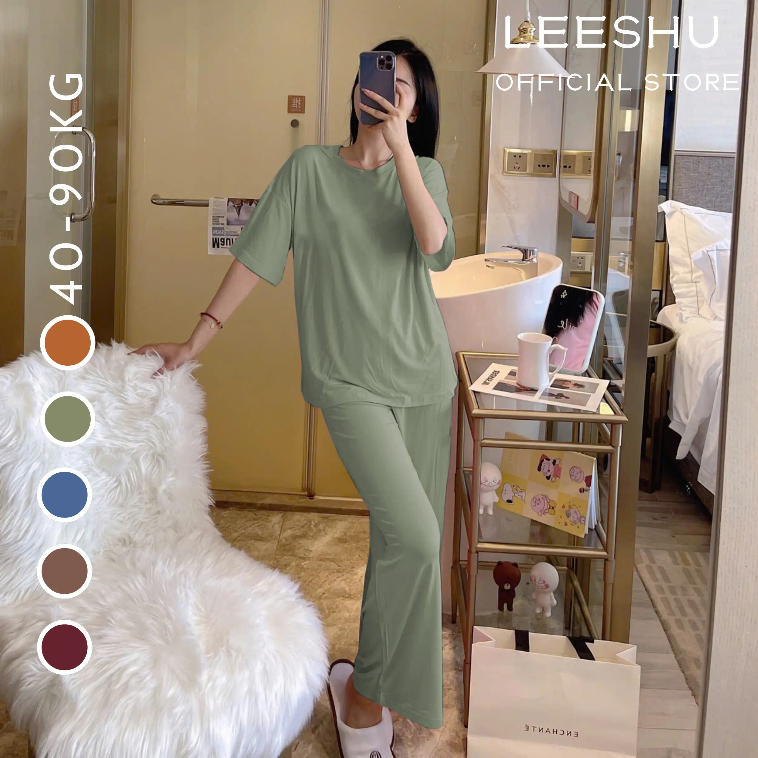 Bộ tay cộc quần suông rộng có Bigsize️ LEESHU️ Set bộ mặc nhà mùa hè tay cộc quần ống rộng chất liệu cotton lụa