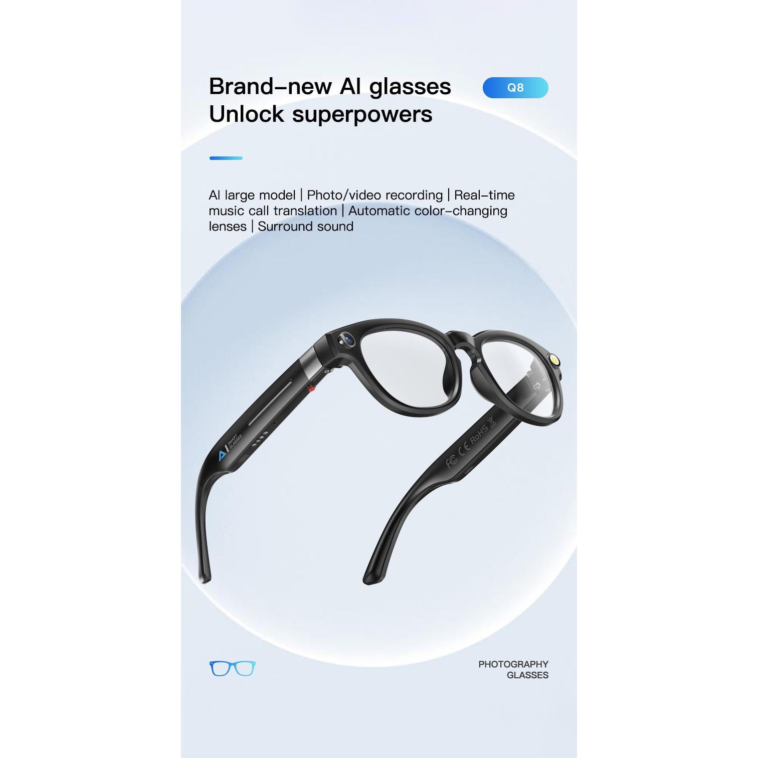 Smart Glasses Q8 4K HD Camera 32GB Large Storage Bluetooth Call Music Video Sound Record Surround Sound AI Voice Translation
