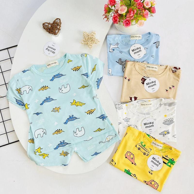 Bộ quần áo cộc tay Minky in hình họa tiết cho bé trai bé gái chất thun lạnh