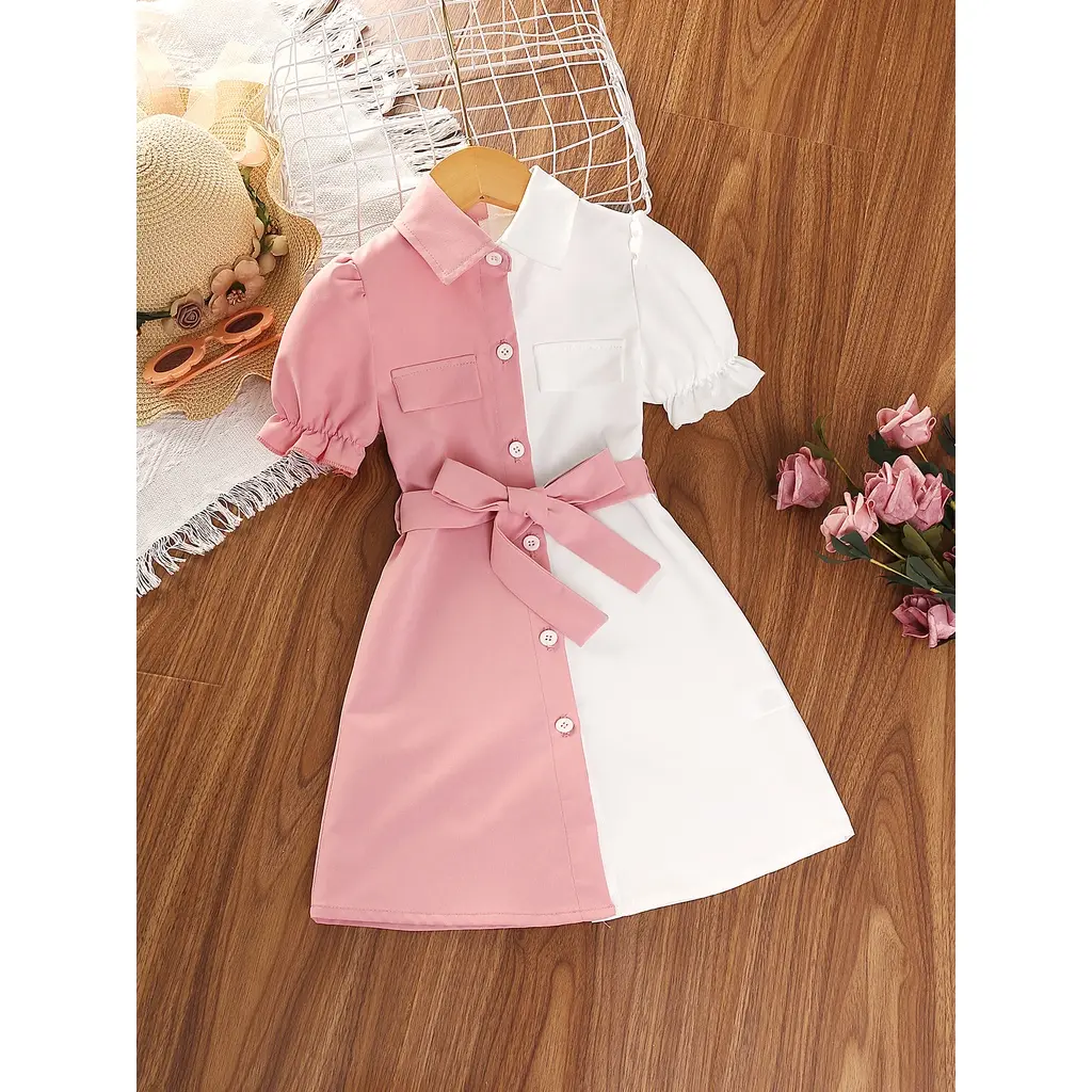 Dress For Kids 4-7 Years old Birthday Korean Style Fashion Short Sleeve Princess Formal Button Stitching Dresses with Belt Ootd For Baby Girl