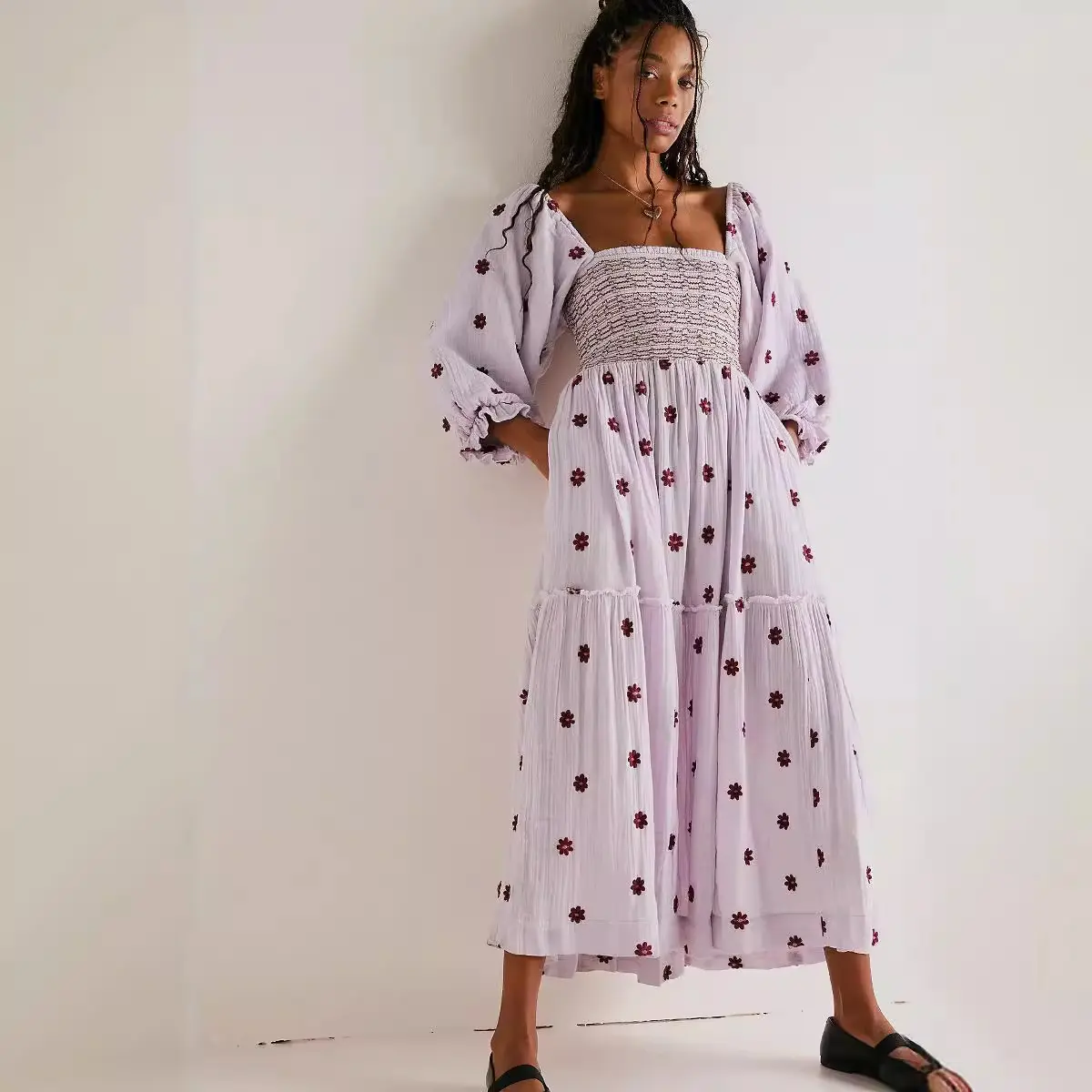 Women's Floral Embroidery Frill Trim Shirred Flounce Sleeve Dress, Boho Fashion Long Sleeve Square Neck A Line Dress for Daily Holiday Vacation Wear, Ladies Dress for All Seasons, Dresses for Women, Spring Dress Casual Womenswear jaded london  dress