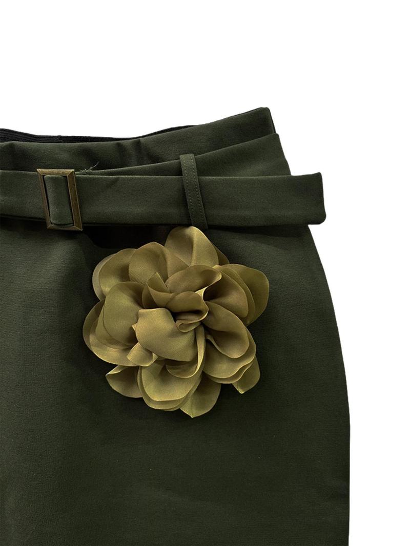 Product Introduction of Women's Appliques Belted Split Back Bodycon Skirt, Elegant Solid Color Knee Length Pencil Skirt for Party Holiday Wedding Guest, Ladies Bottoms for All Seasons 6