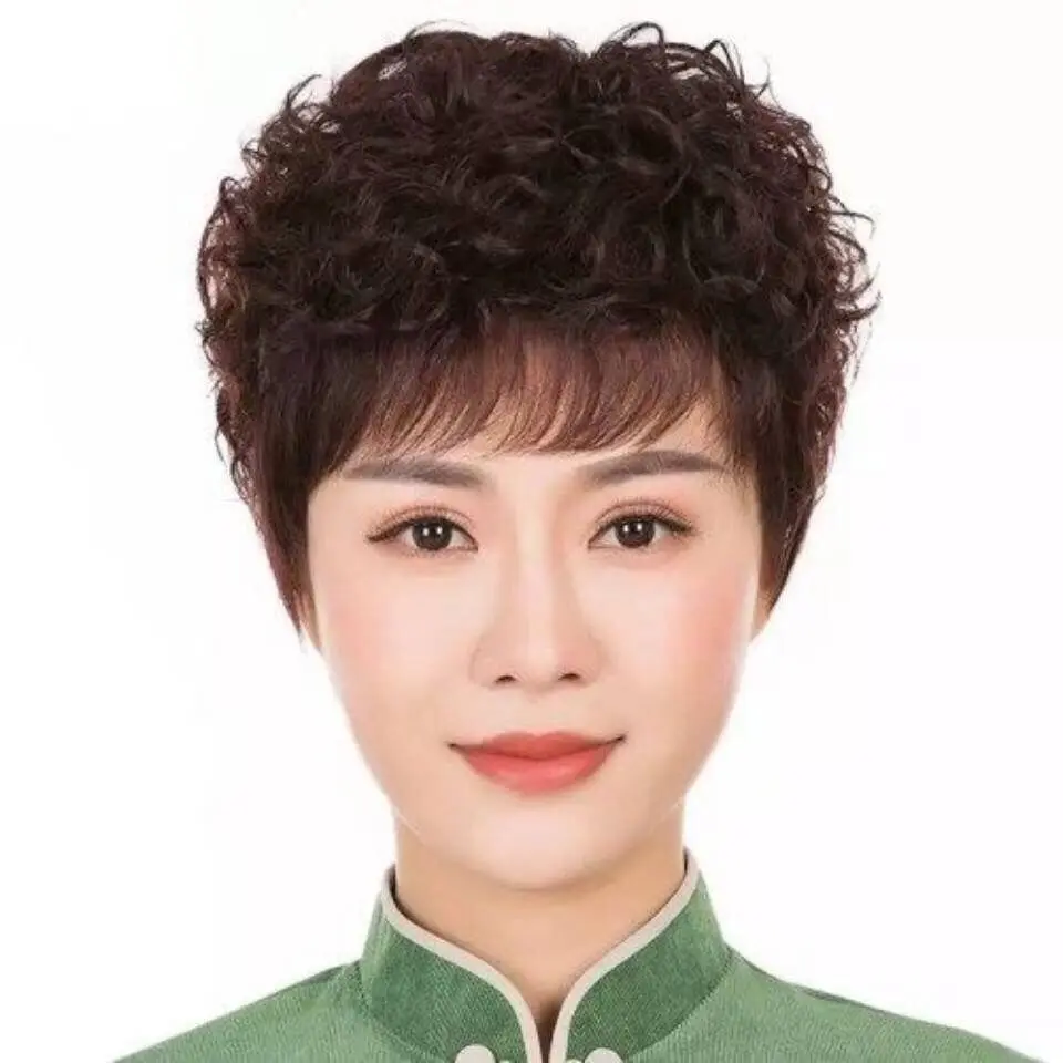 Wig for Women, Middle Aged and Elderly Wigs, Wigs, Women's Short Hair, Round Face, Short Curls, Sending Mothers' Wigs, Short Curls, Korean Style Wigs