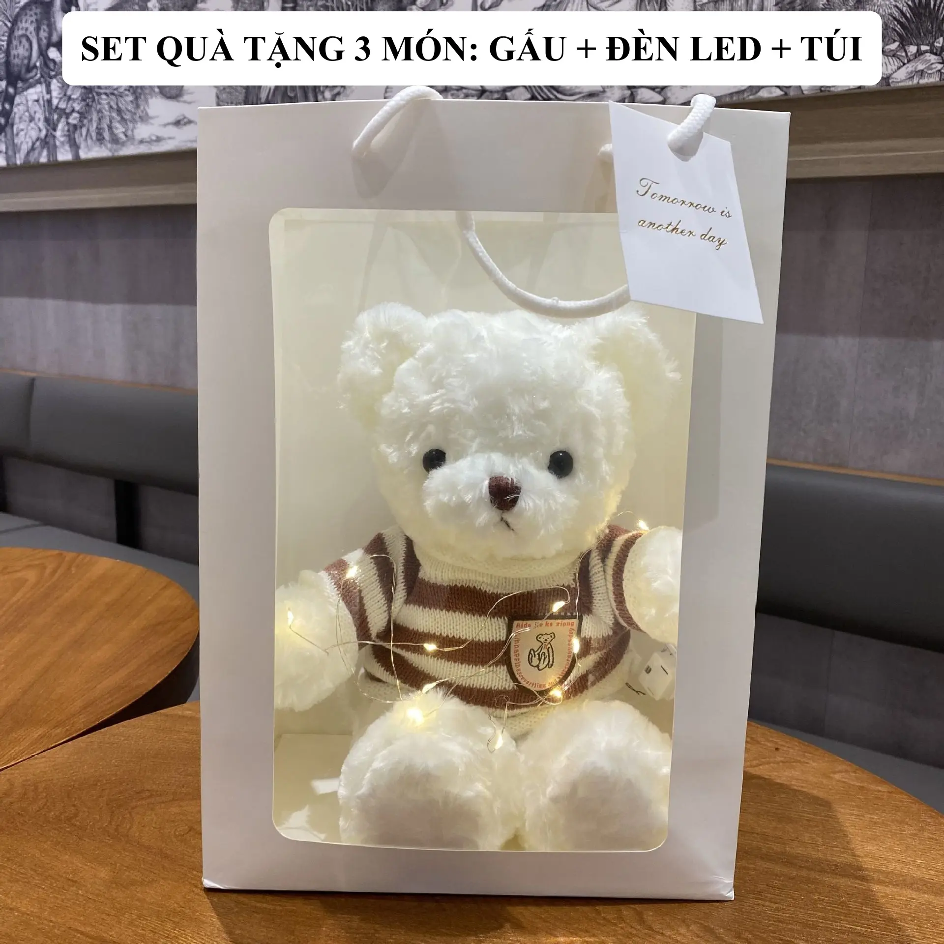 Set túi quà tặng gấu nhồi bông 3 món dễ thương, xinh xắn kèm túi xách, đèn, quà tặng cho các dịp đặc biệt GA02