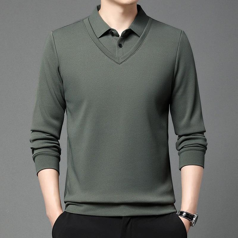 Product Introduction of Men'S Long Arm Polo Shirt Korean-Style Fake Two-Piece Business Men'S Casual Fashion Long-Sleeved Solid Color Lapel Shirts Comfortable All-Match Top For All Seasons Menswear Lingerie 19