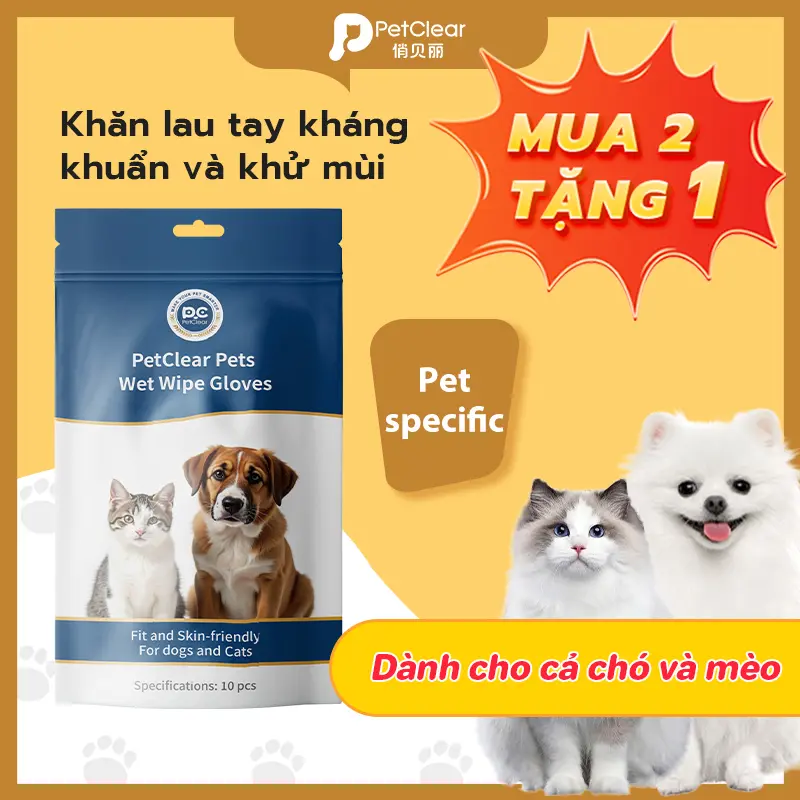 【Mua 2 tặng 1】Găng tay không cần rửa Petclear  Vệ sinh cho mèo, tắm khô cho chó, khử mùi chuyên dụng cho mèo và chó, hộp 10 miếng khăn giấy ướt dành riêng cho thú cưng