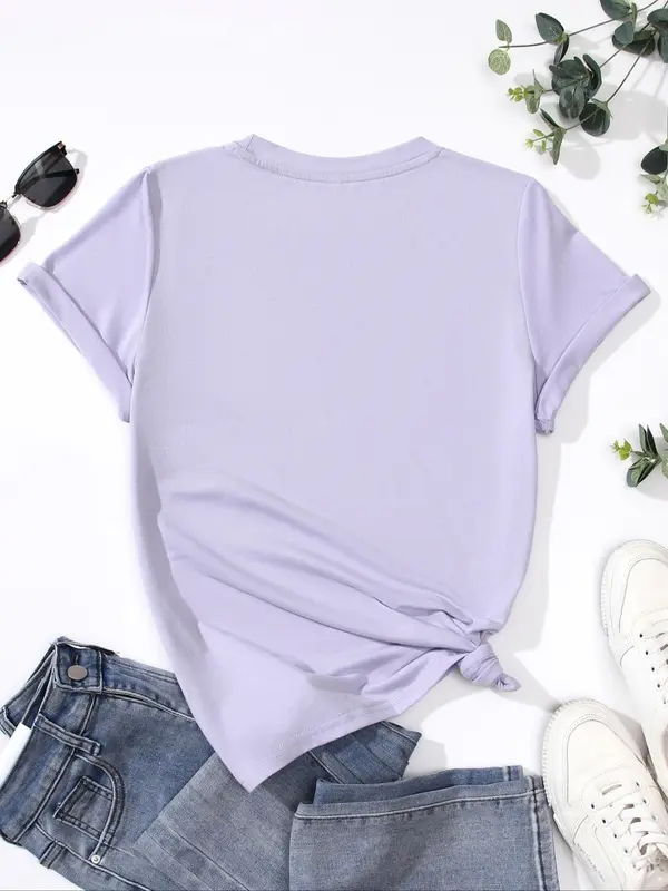 Women's Letter Print Round Neck Graphic Tee, Vintage Trendy Casual Short Sleeve T-shirt for Daily Wear, Ladies Summer Clothes 7