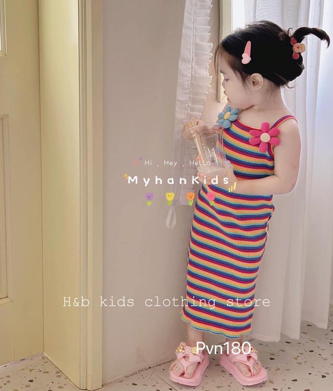 Váy kẻ dáng body 2 dây cho bé yêu đính hoa dễ thương