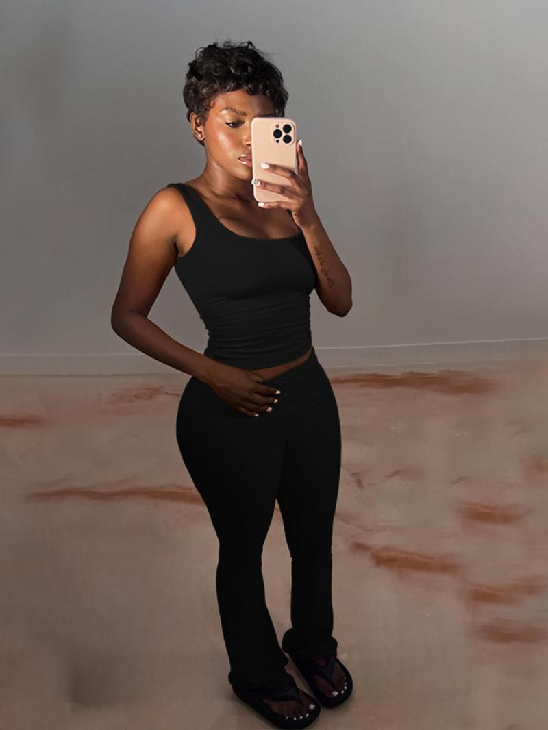 Product Introduction of Women's Solid Backless Crop Tank Top & Pants Two-piece Set, Casual Fashion Cozy Two Piece Outfits for Daily Outdoor Wear, Ladies Clothes for All Seasons 5