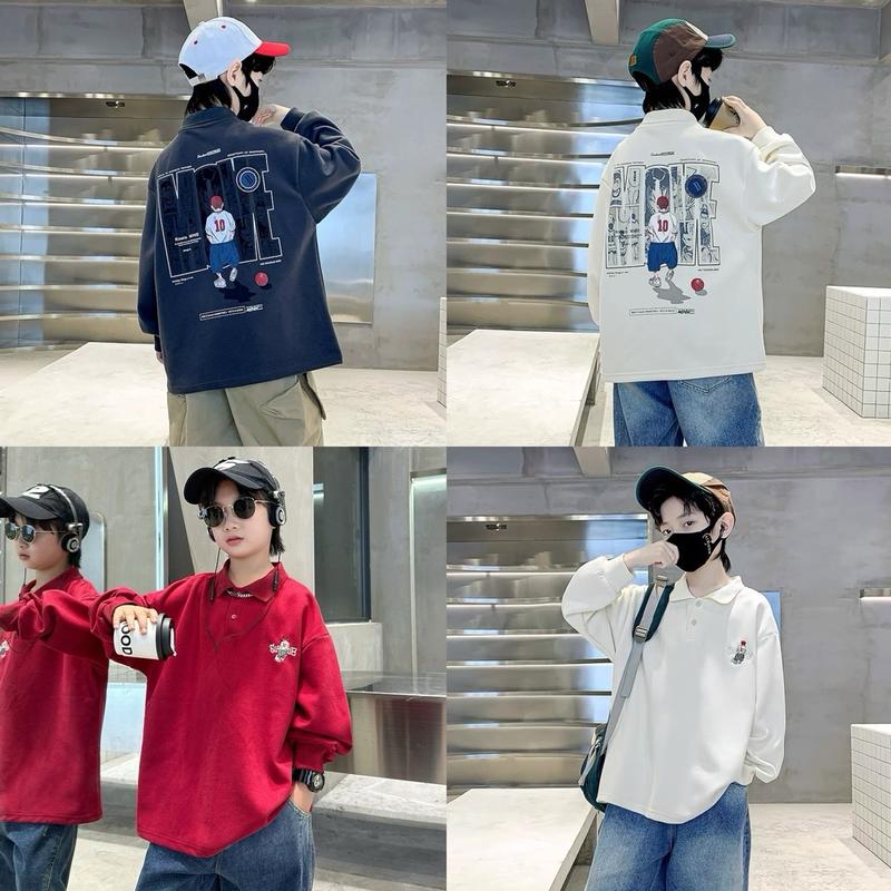 22-55KG ÁO POLO THU ĐÔNG DÀI TAY IN HÌNH THỂ THAO CHO BÉ TRAI GÁI 3 MÀU ĐỎ XÁM TRẮNG