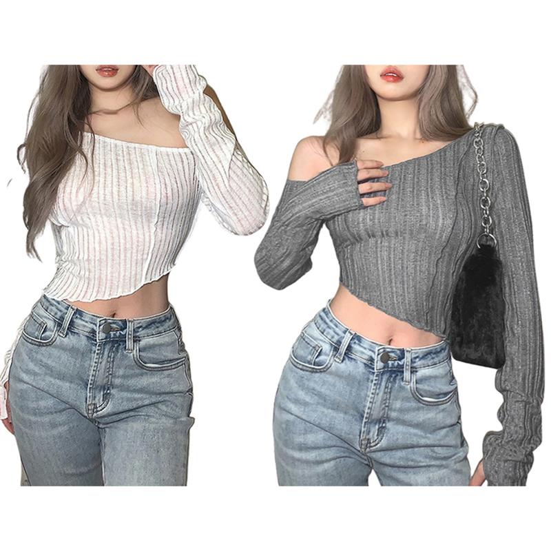 Product Introduction of dance1o1-Women Fashion Solid Color Oblique Shoulder Irregular Exposed Navel Tops 28