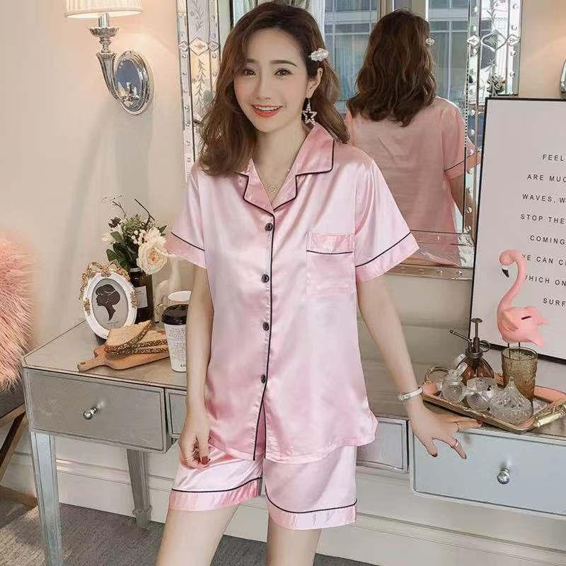 Luckybag-shop-Korean fashion pajamas, satin women, short sleeve shirt + shorts 1812 6