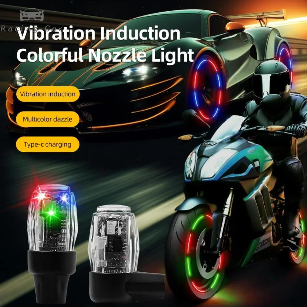 Đèn LED trang trí Vòi phun không khí lốp xe, xe máy và ô tô, Bộ 2 chiếc, đầy màu sắc, với cảm biến Rung, sạc USB, nắp van lốp bánh xe tự động, đèn xung quanh