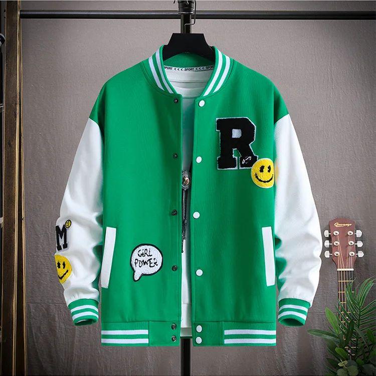 R Jaket Basebal Varsity Jaket Wanita Keren Jaket Besbol Remaja Keren Bahan Fleece Tebal 3