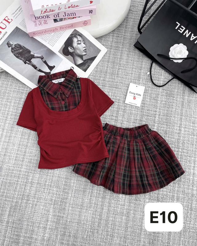 Dung Kids 05 - E10 Set kẻ 2 màu, Áo Pha Cổ sơ mi kẻ kèm chân vát xòe xinh xắn cho bé gái 2